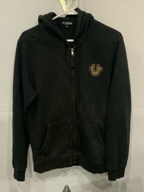 True Religion Black Full-Zip Hoodie with Horseshoe Patch